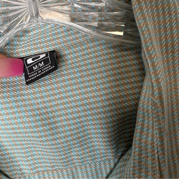 Oakley Shirt Mens Medium Plaid Mint Green Button Up Short Sleeve Tan Cream  H - Picture 2 of 8